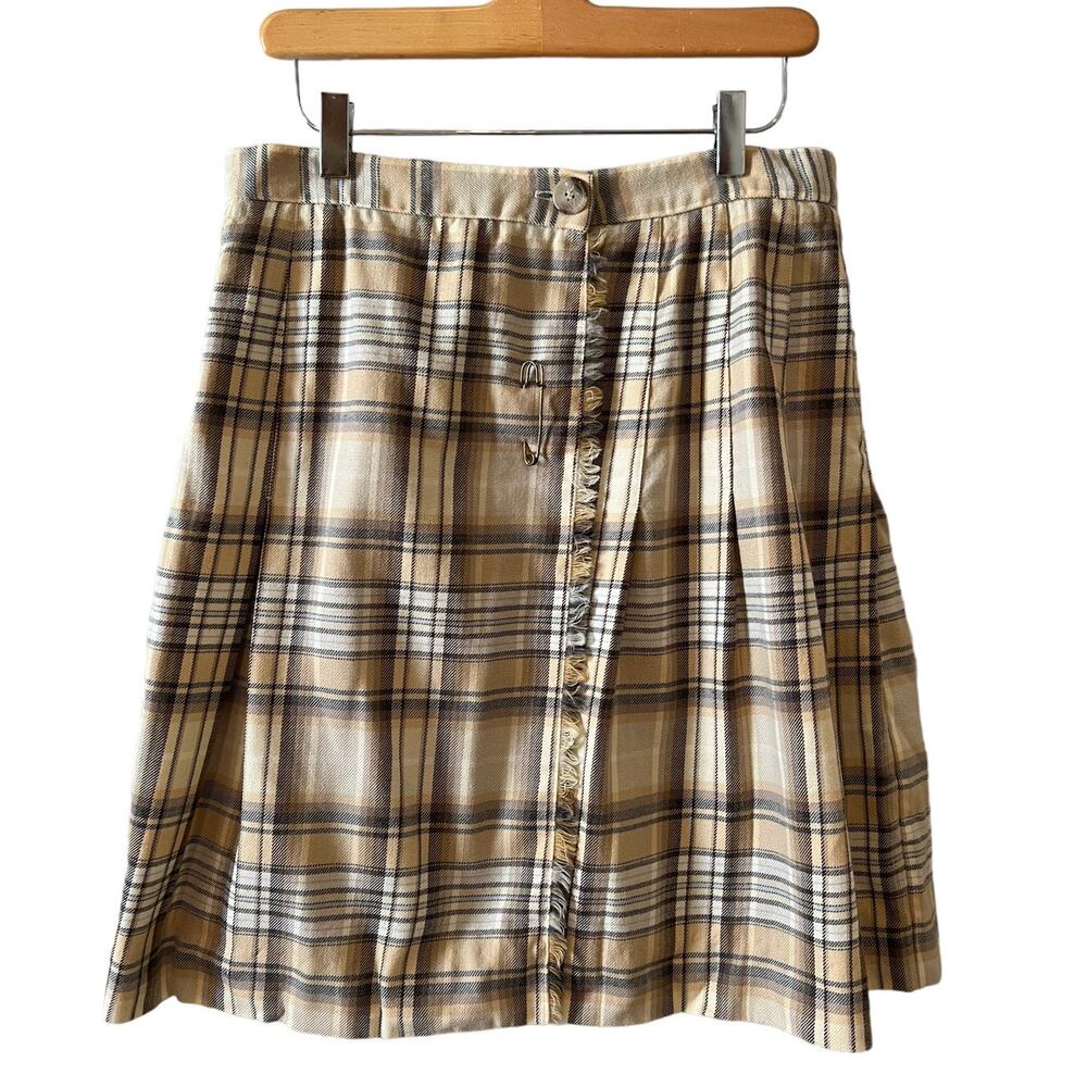 Vintage 80s JH Collectibles Pleated Kilt Pin Skirt Cream Plaid Print